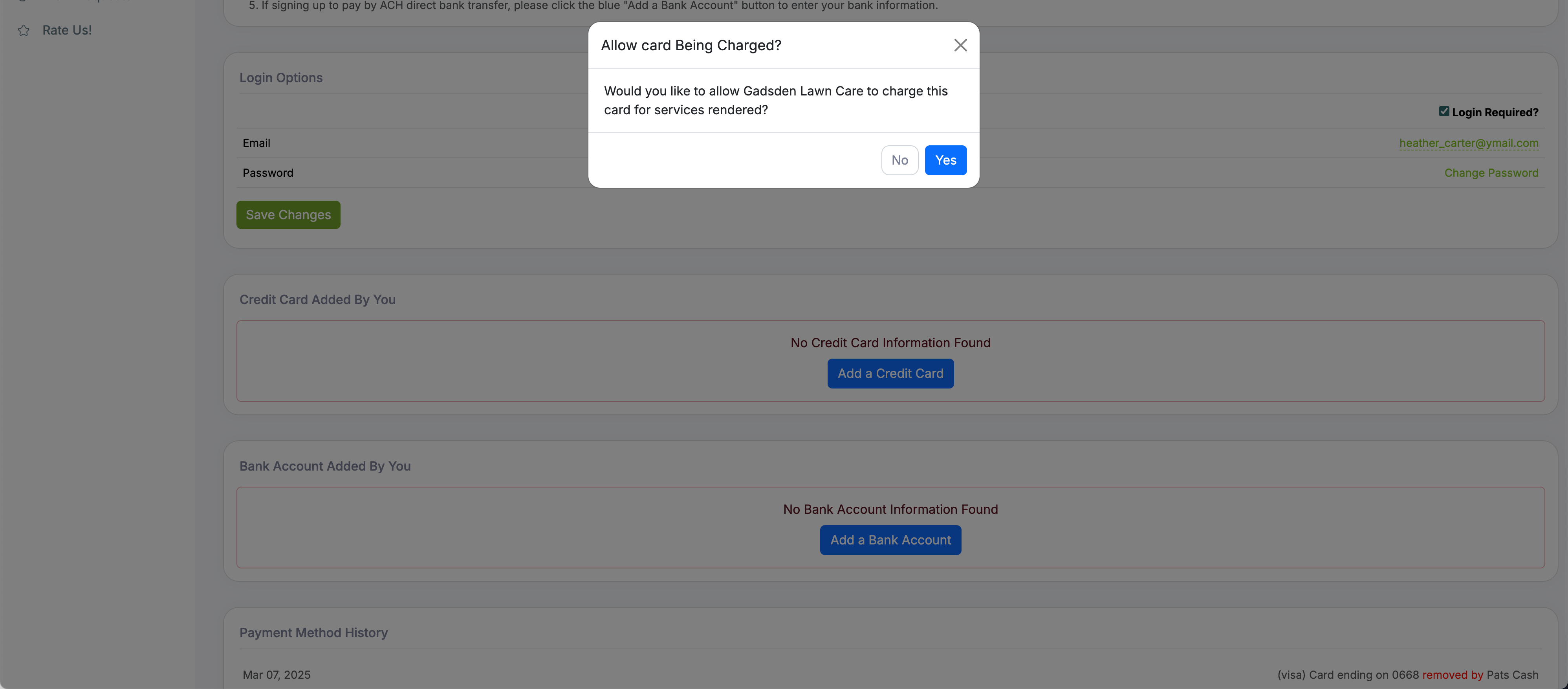 Customer portal showing authorization popup asking customer to allow card charges and enable auto-charge