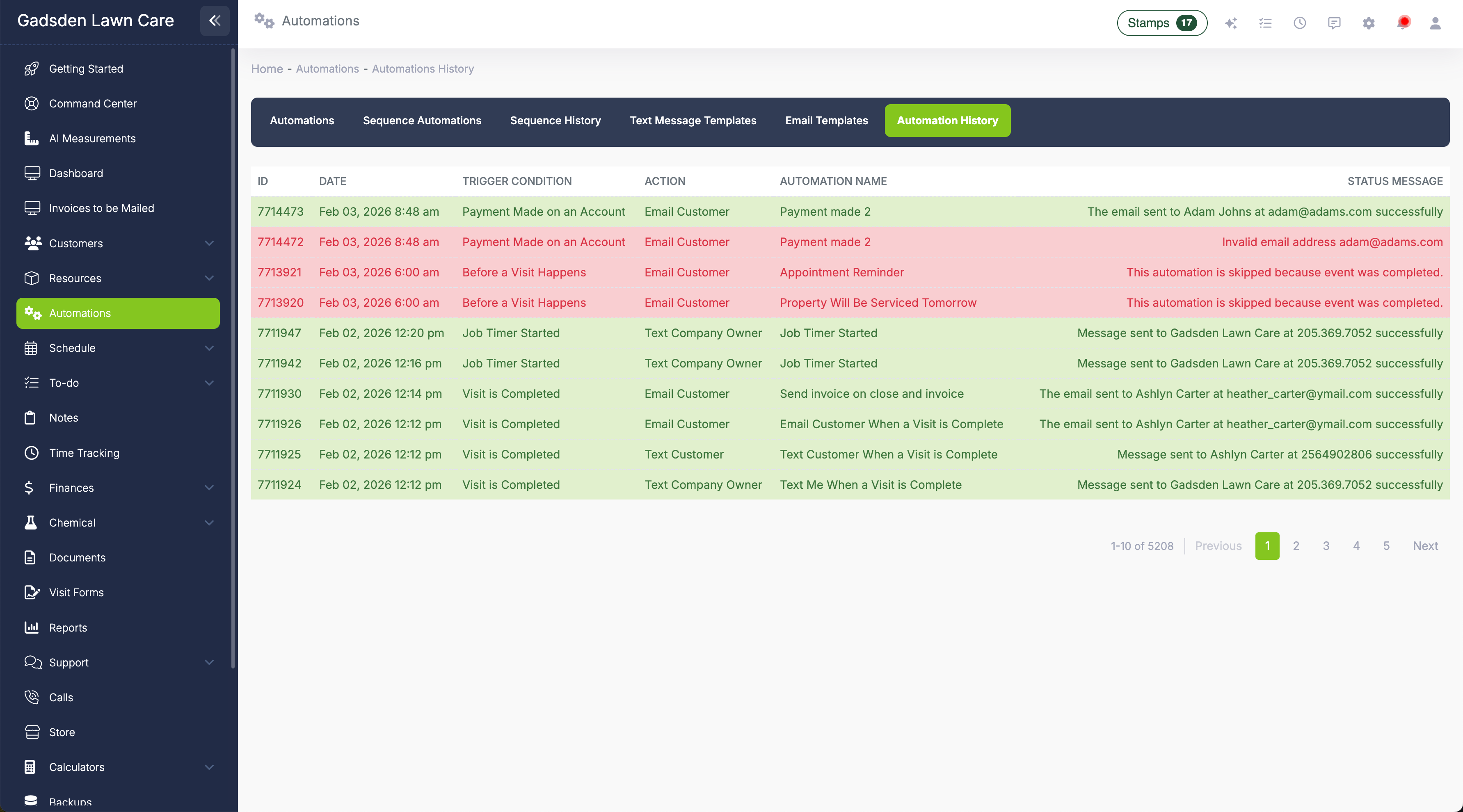 Automation history log showing dates, triggers, actions, and success or failure status for each automation run