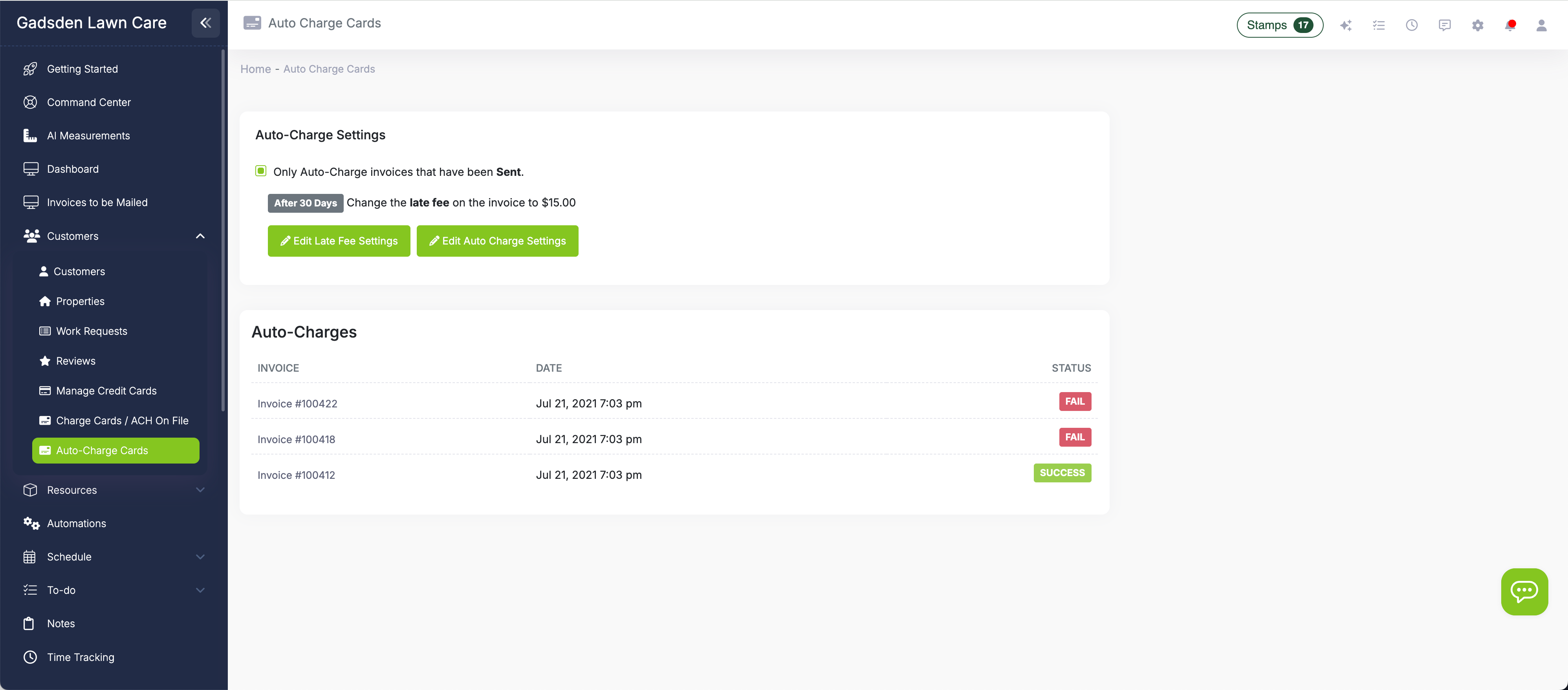 Invoice being created in LawnPro with auto-charge automatically processing the saved card and recording payment