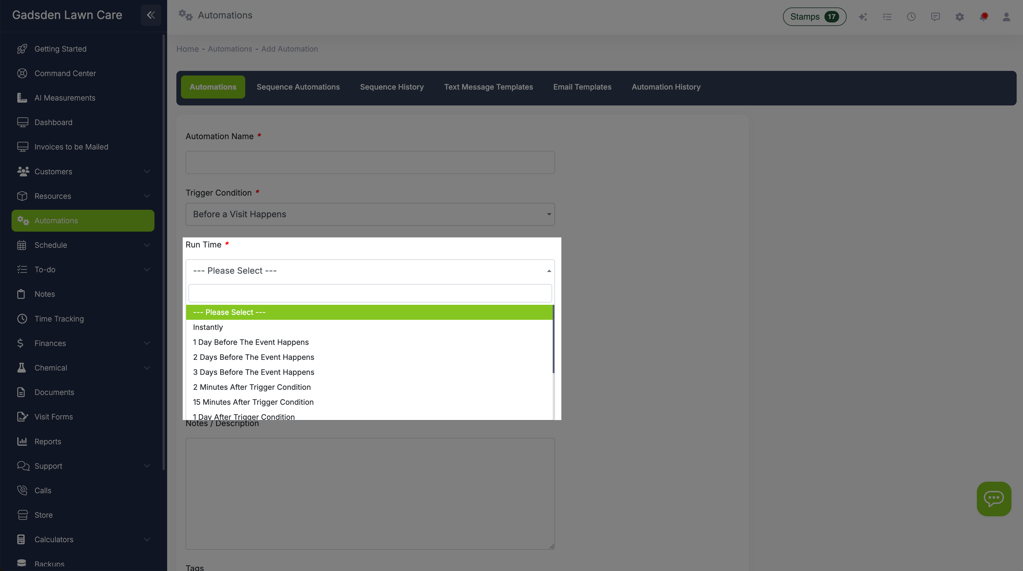 Run time options showing instantly, minutes, hours, and days before or after the trigger event