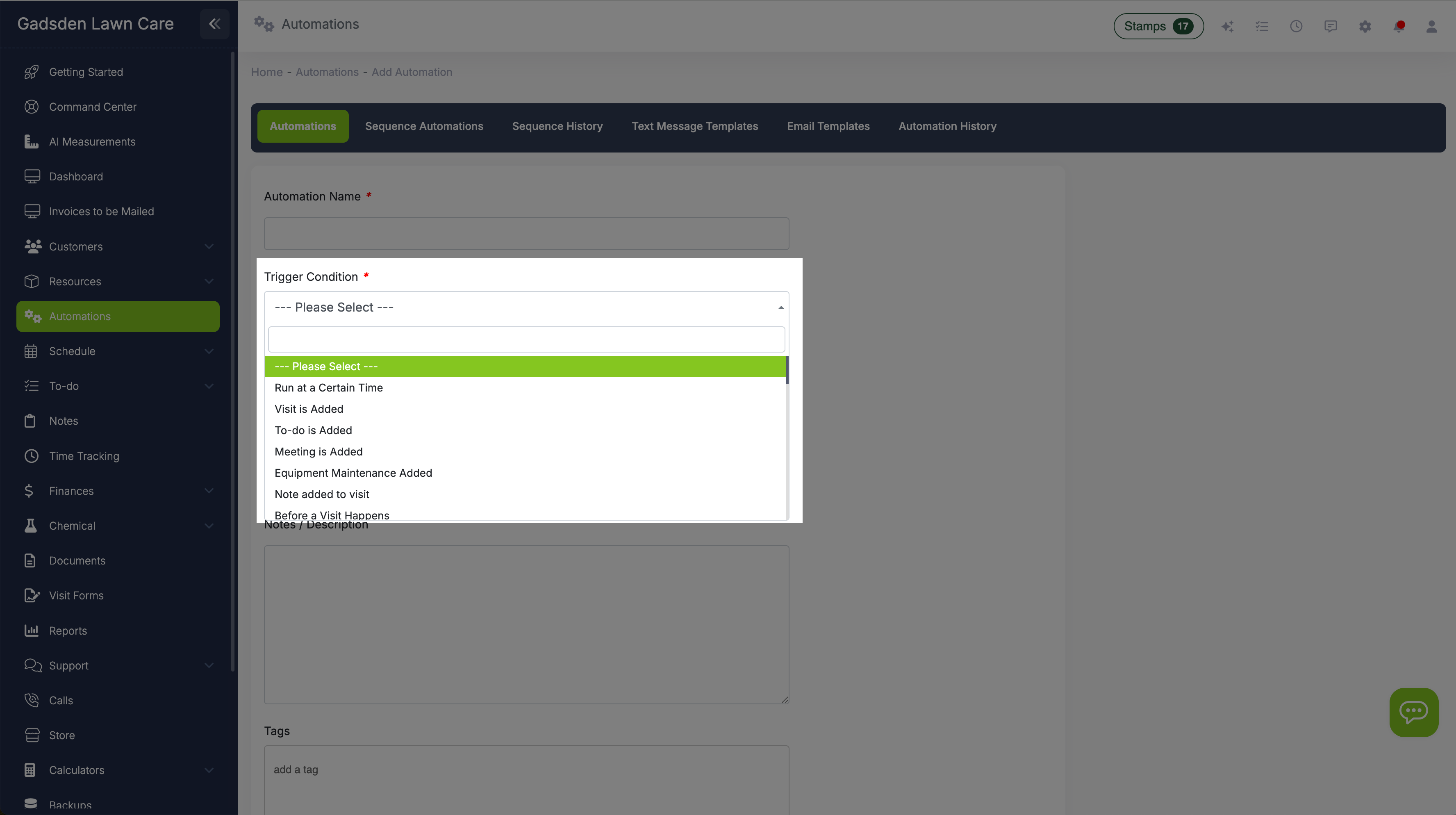 Automation trigger condition selection showing visit, invoice, estimate, and meeting triggers