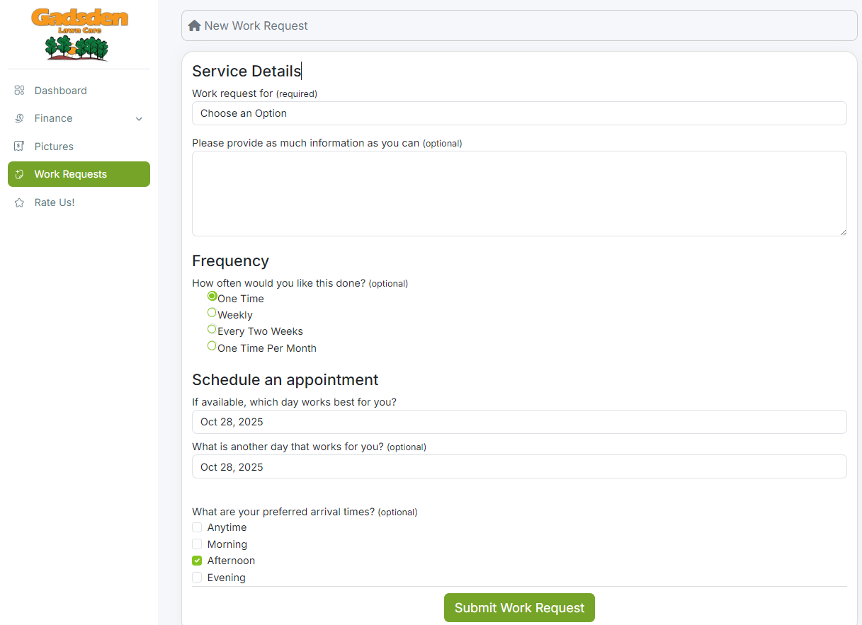 Customer submitting a service request through the portal