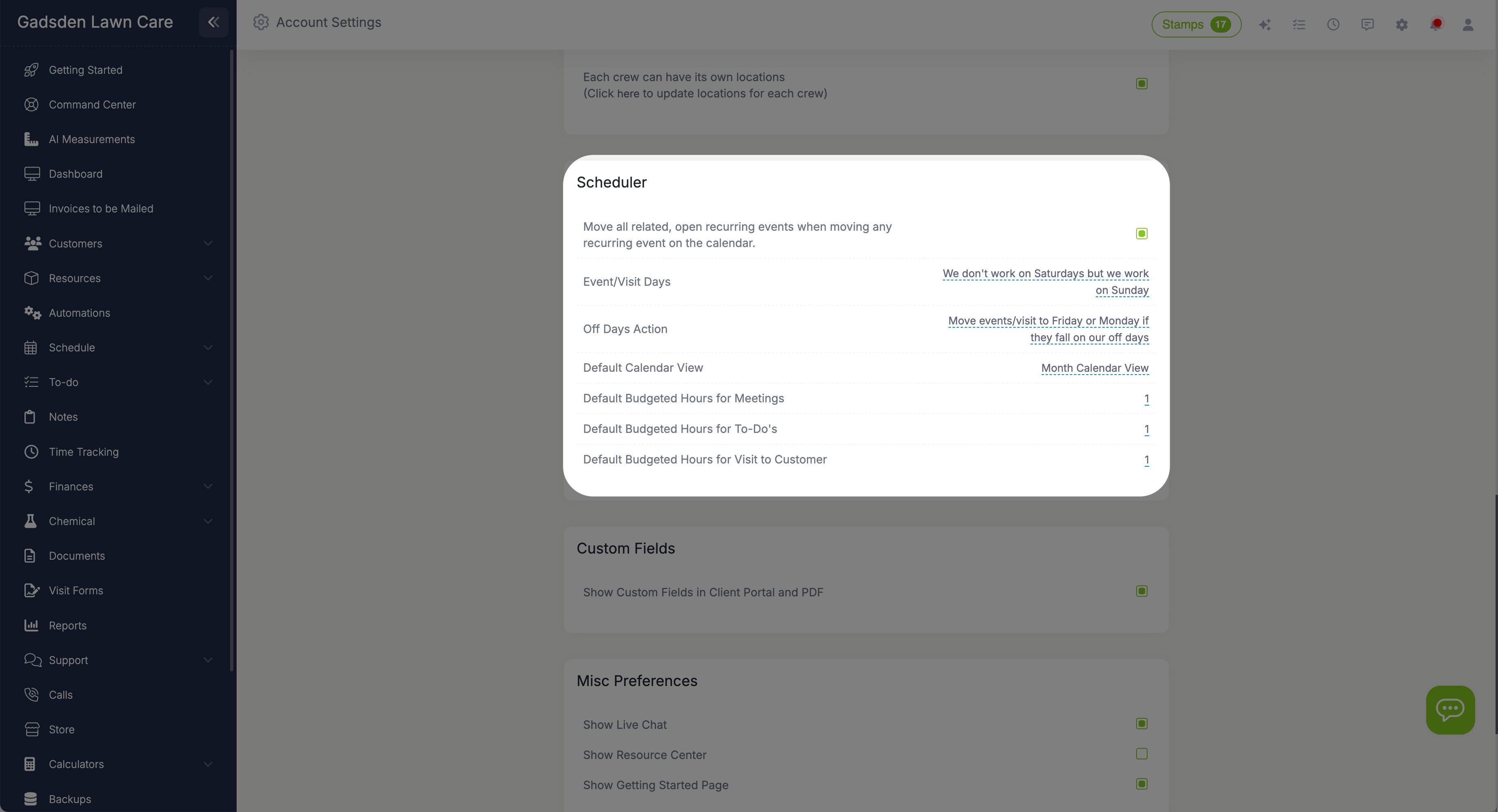 Settings page showing default budgeted hours for visits, meetings, and to-dos