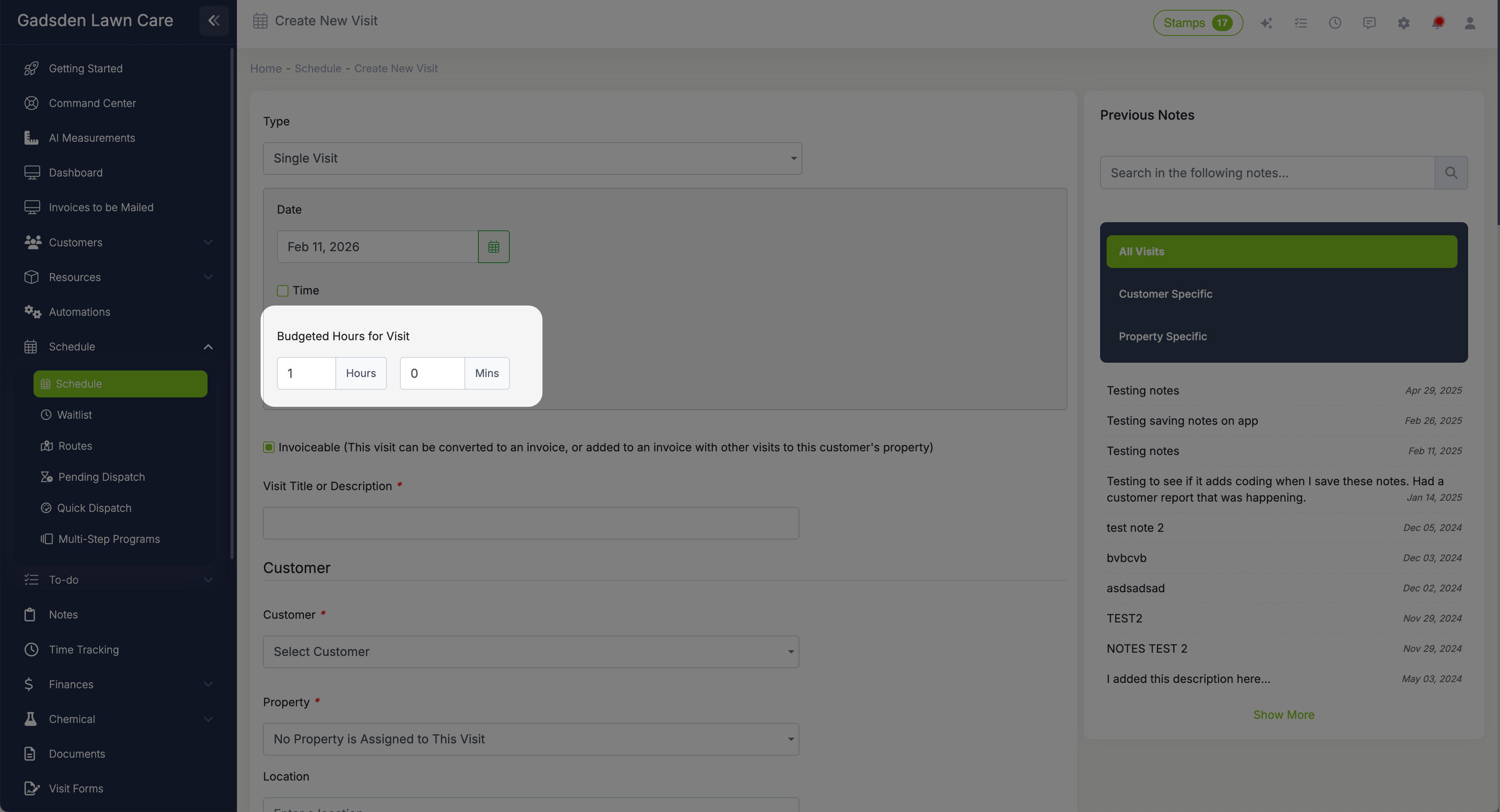 New visit form showing budgeted hours field pre-filled with the default value and option to override