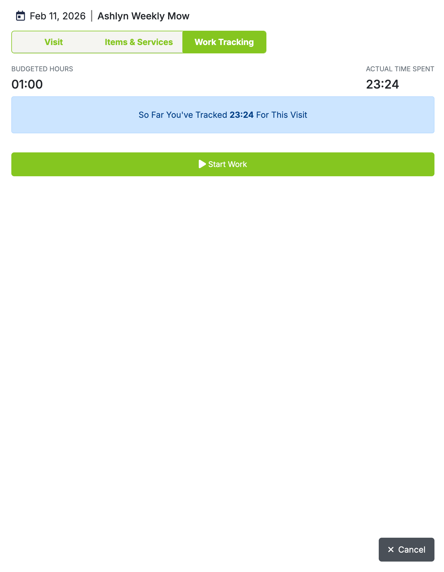 Mobile app showing crew clocked in with job timer running and budgeted hours visible