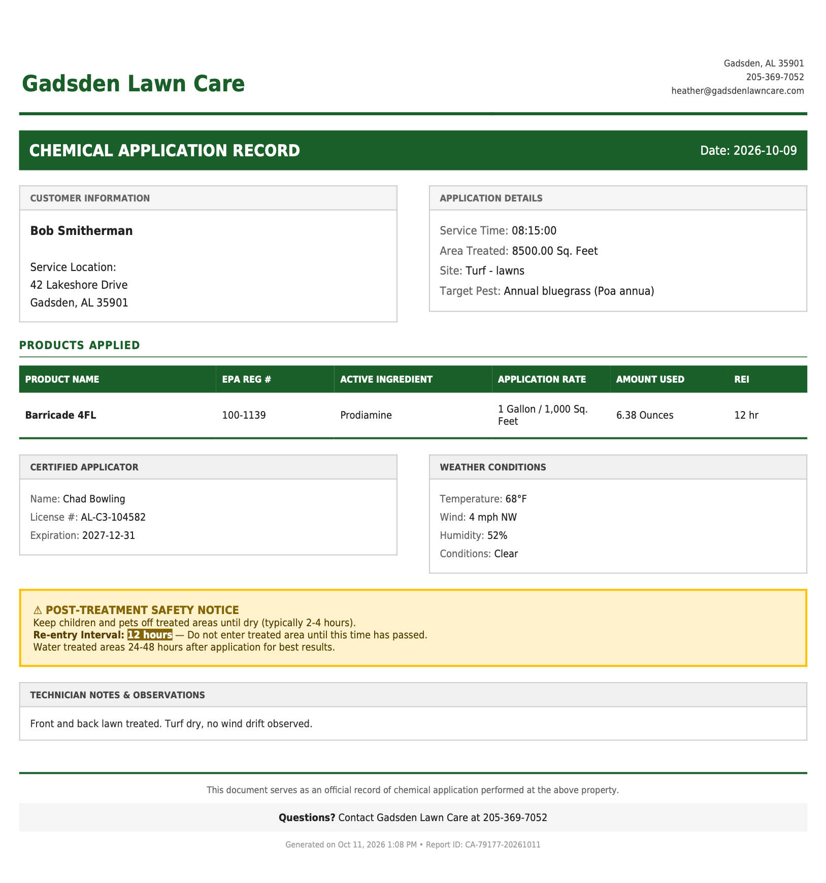 Chemical Application Record PDF listing products applied, EPA registration numbers, rates, applicator license number, weather, and re-entry interval