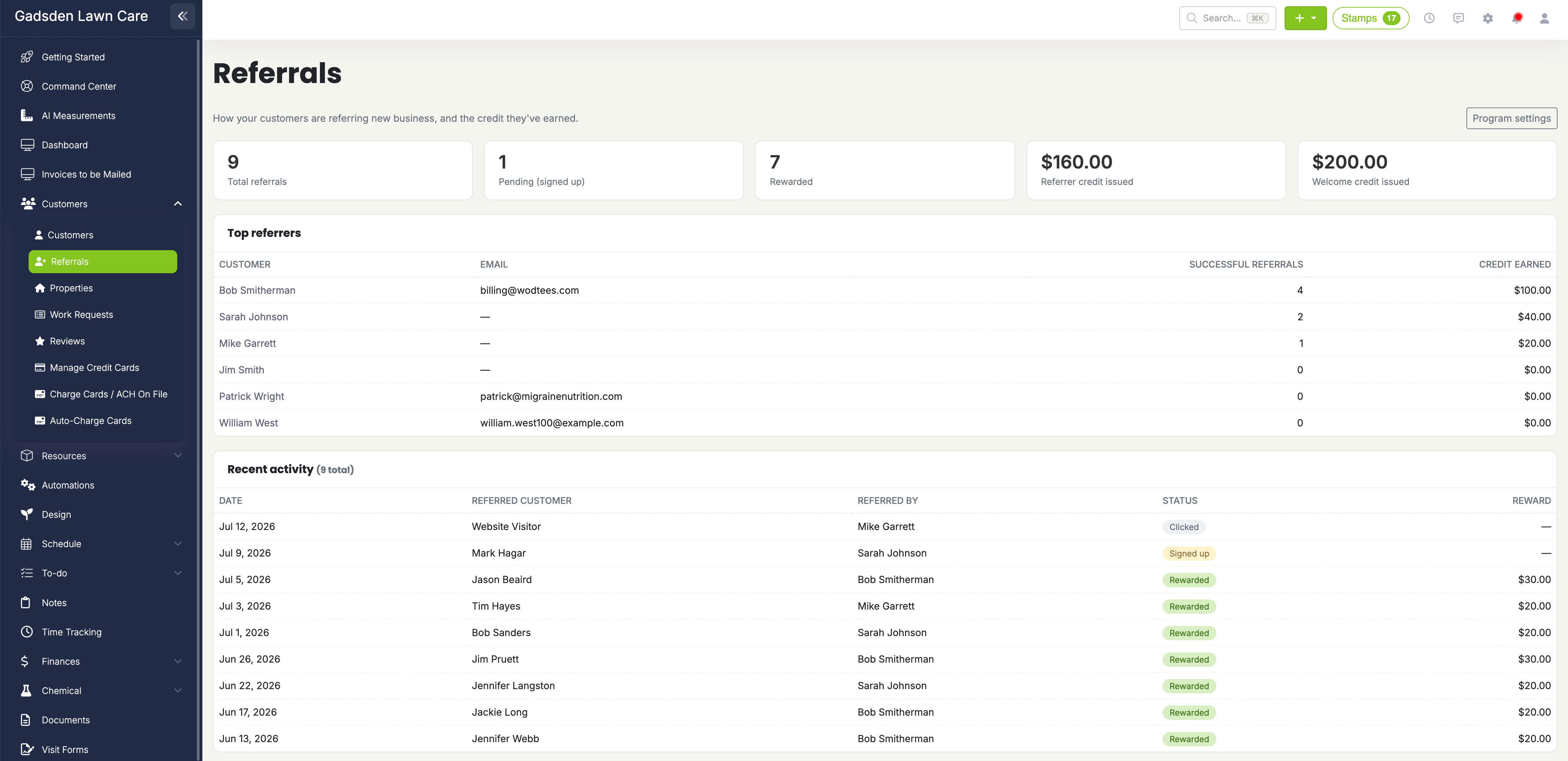 Customer referral program dashboard in LawnPro