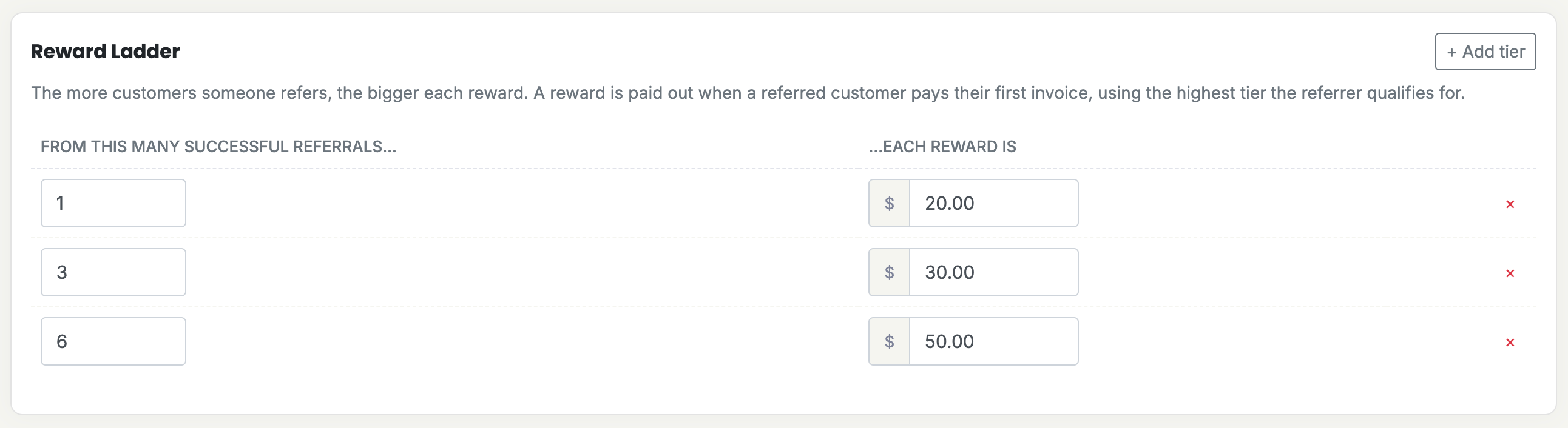 Setting up a tiered referral reward ladder