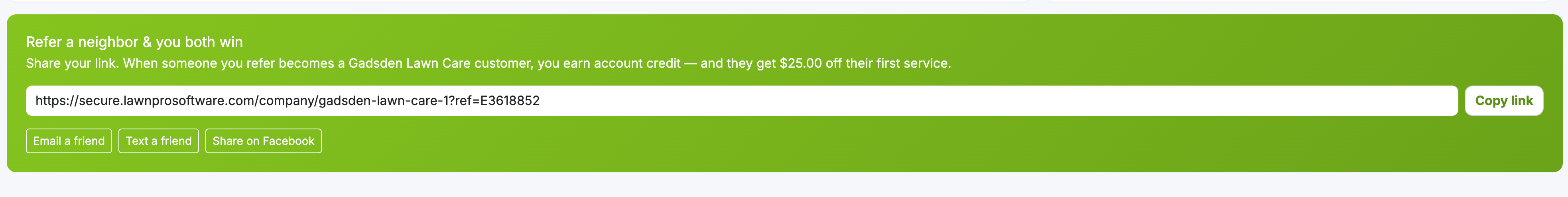 A customer sharing their referral link from the client portal