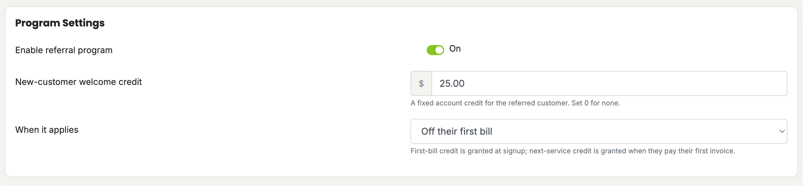 New customer welcome credit settings