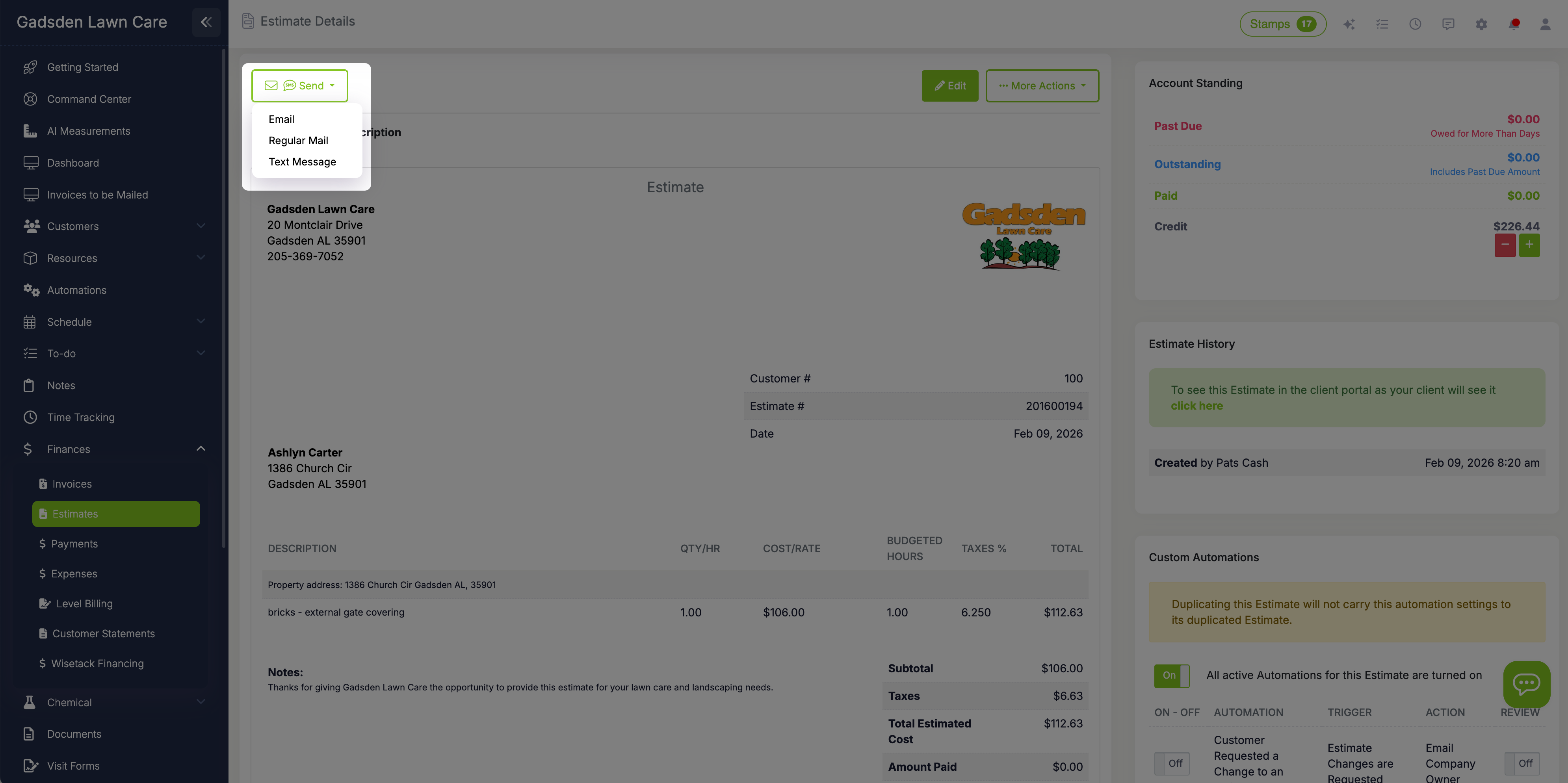 Sending an estimate by email with PDF attachment and text message options