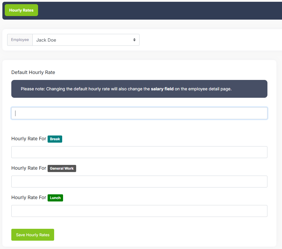 Hourly rate categories with different rates for mowing, driving, and chemical application