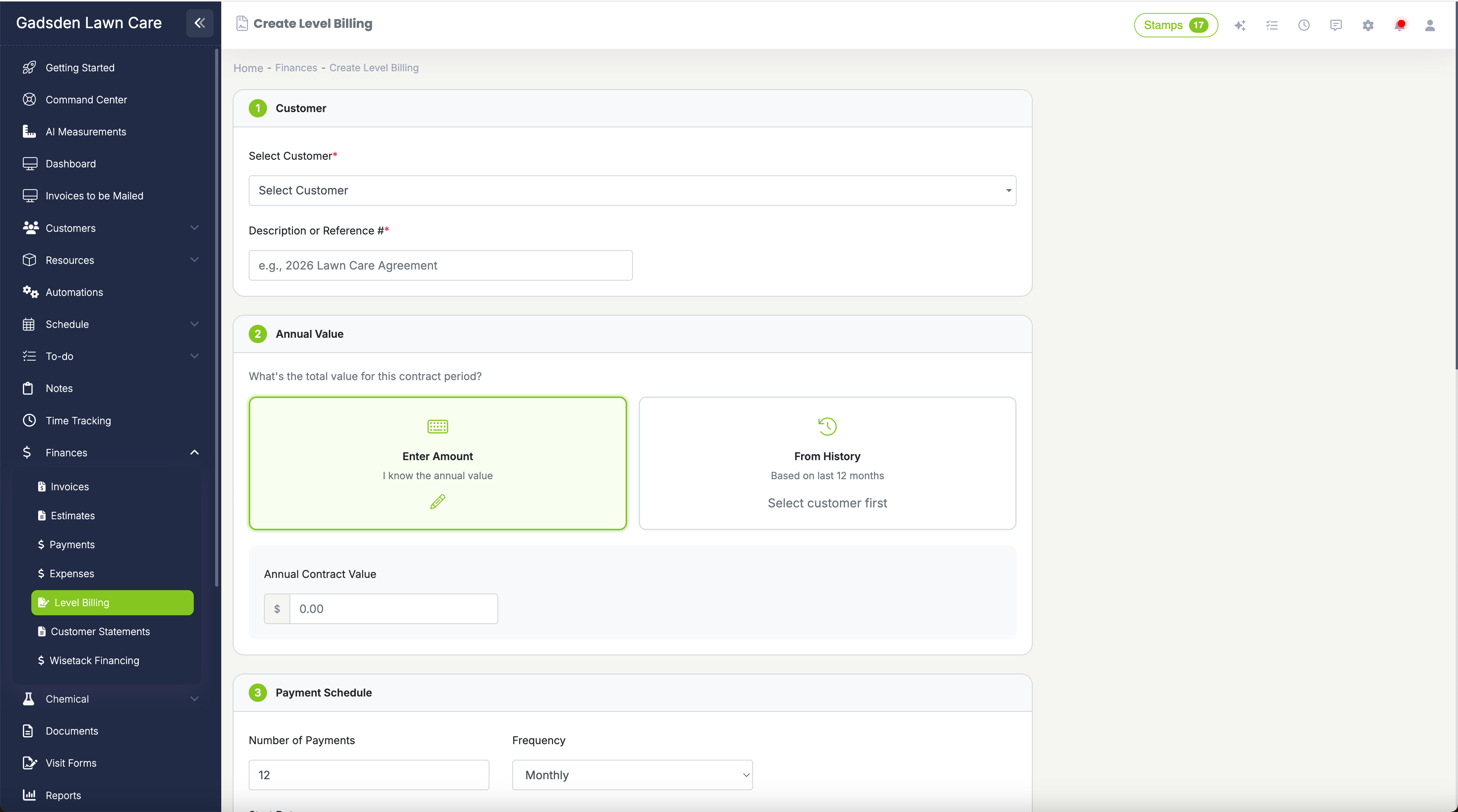 Create level billing agreement showing three value sources and live payment preview