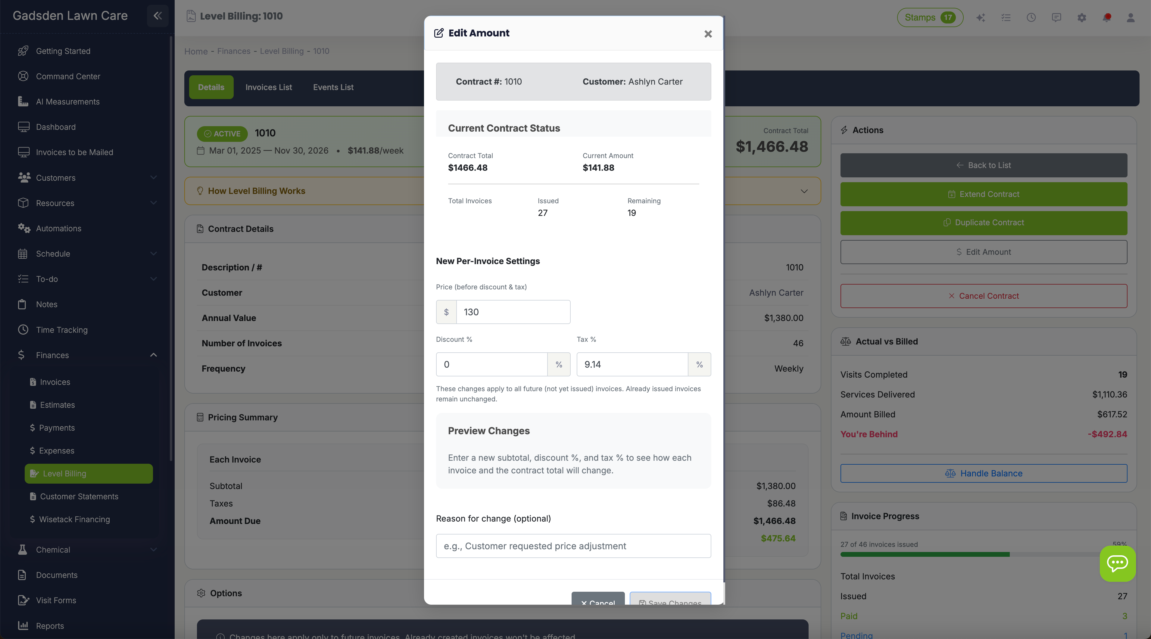 Contract edit form showing editable fields for contract value, billing amount, and dates alongside soft cancel option