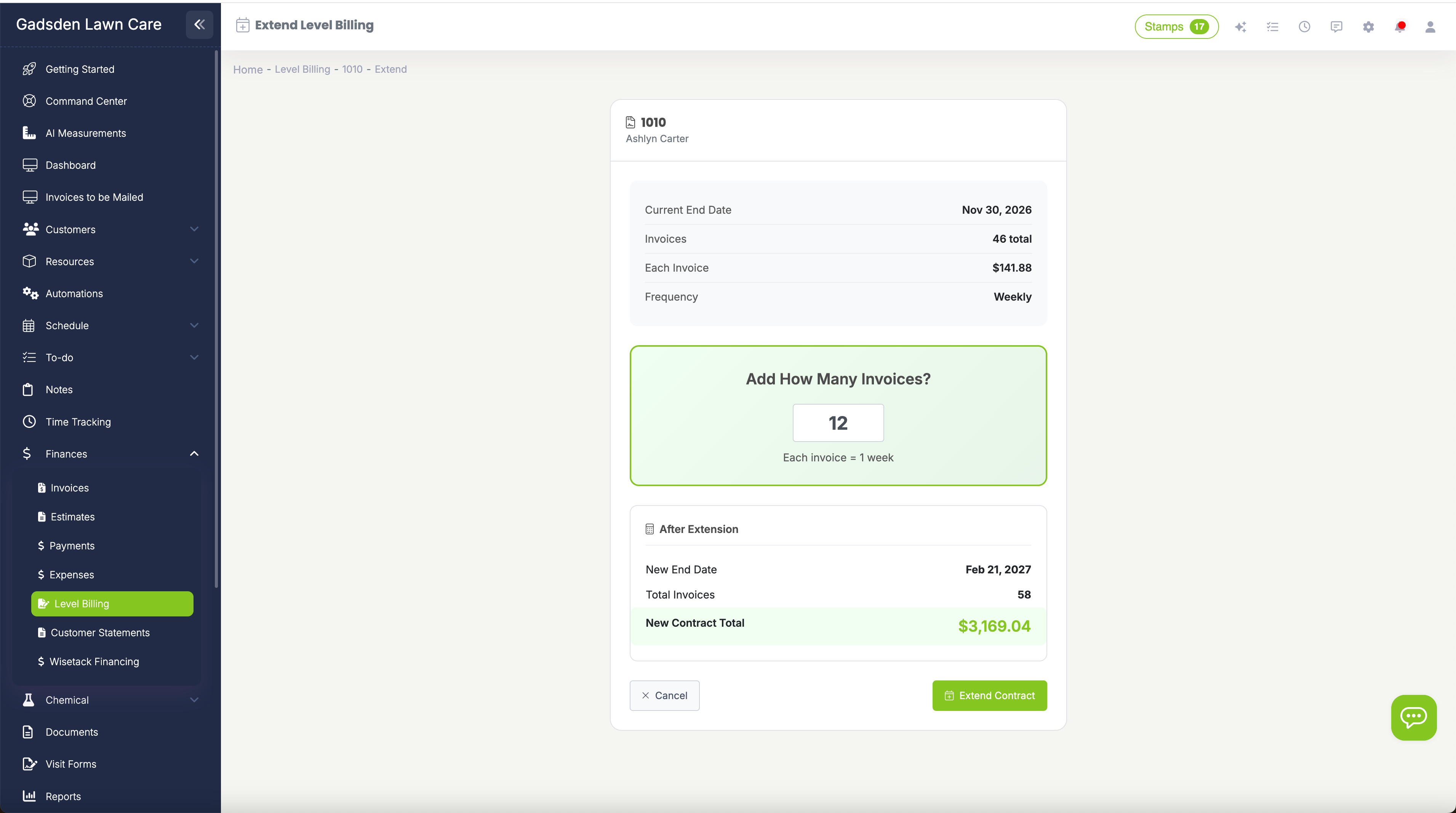 Contract management showing extend and duplicate options with progress tracking