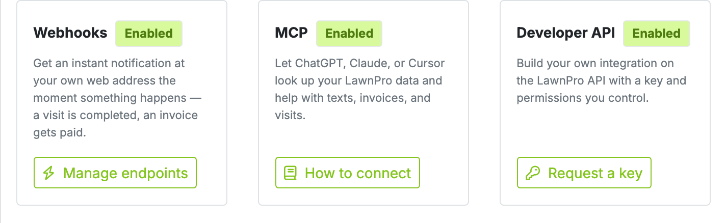 MCP enabled on the LawnPro integrations page