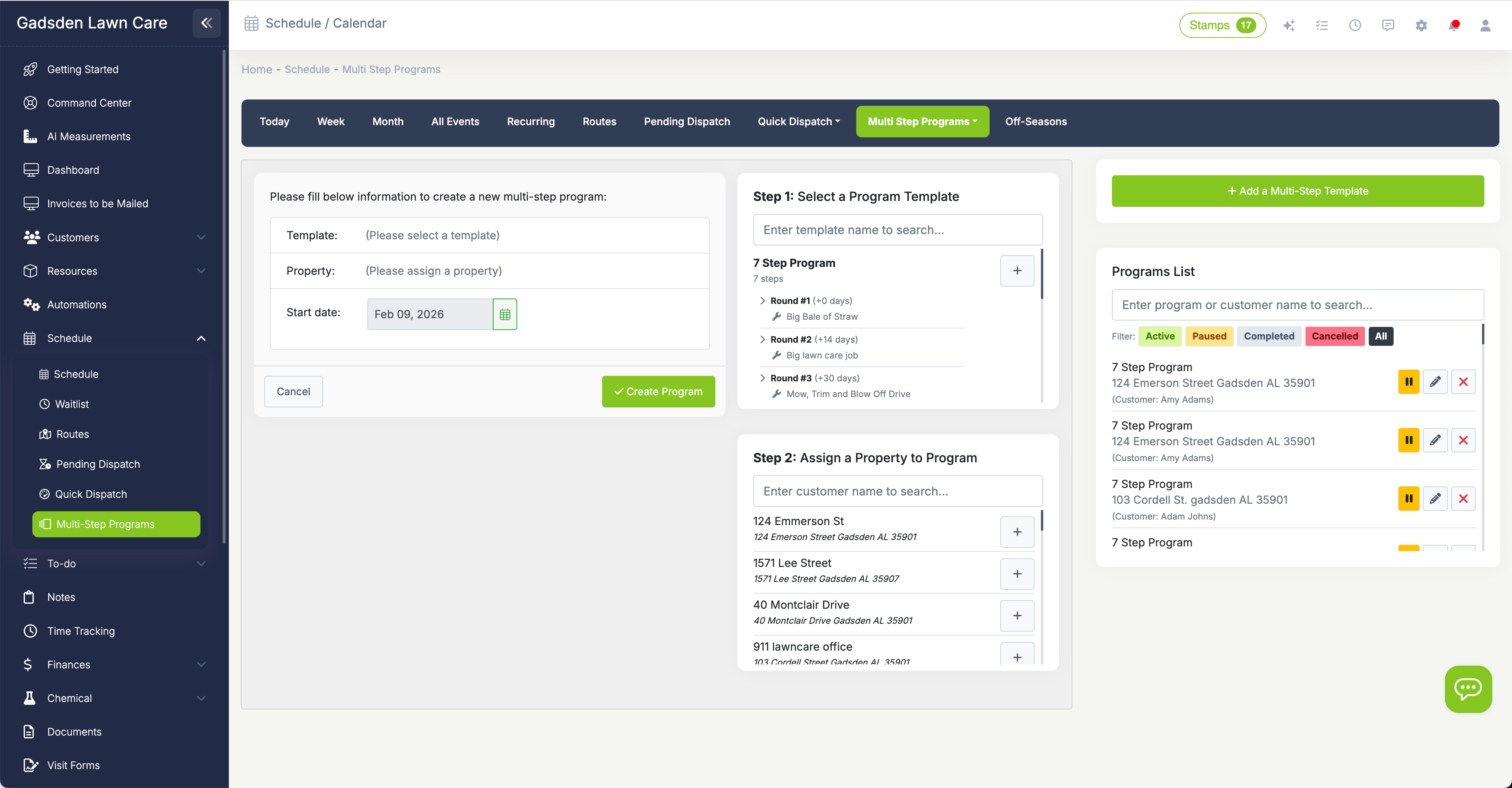 Multi-step chemical programs in LawnPro showing program list with status tracking and chemical assignments