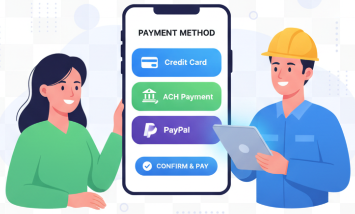 LawnPro online payments dashboard showing credit card, ACH, and PayPal options with customer portal payment view