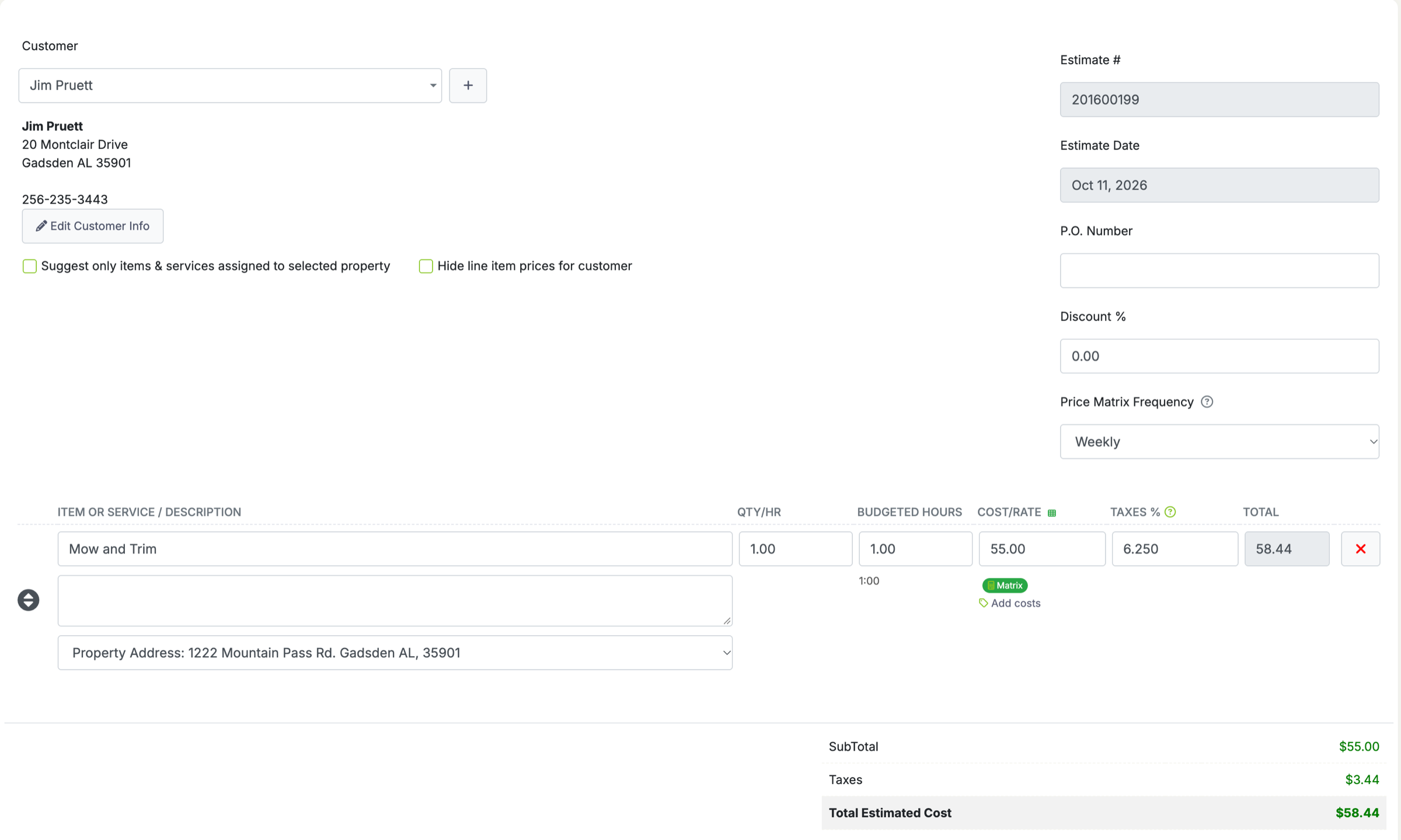Estimate form showing auto-filled price from Price Matrix based on property lawn size
