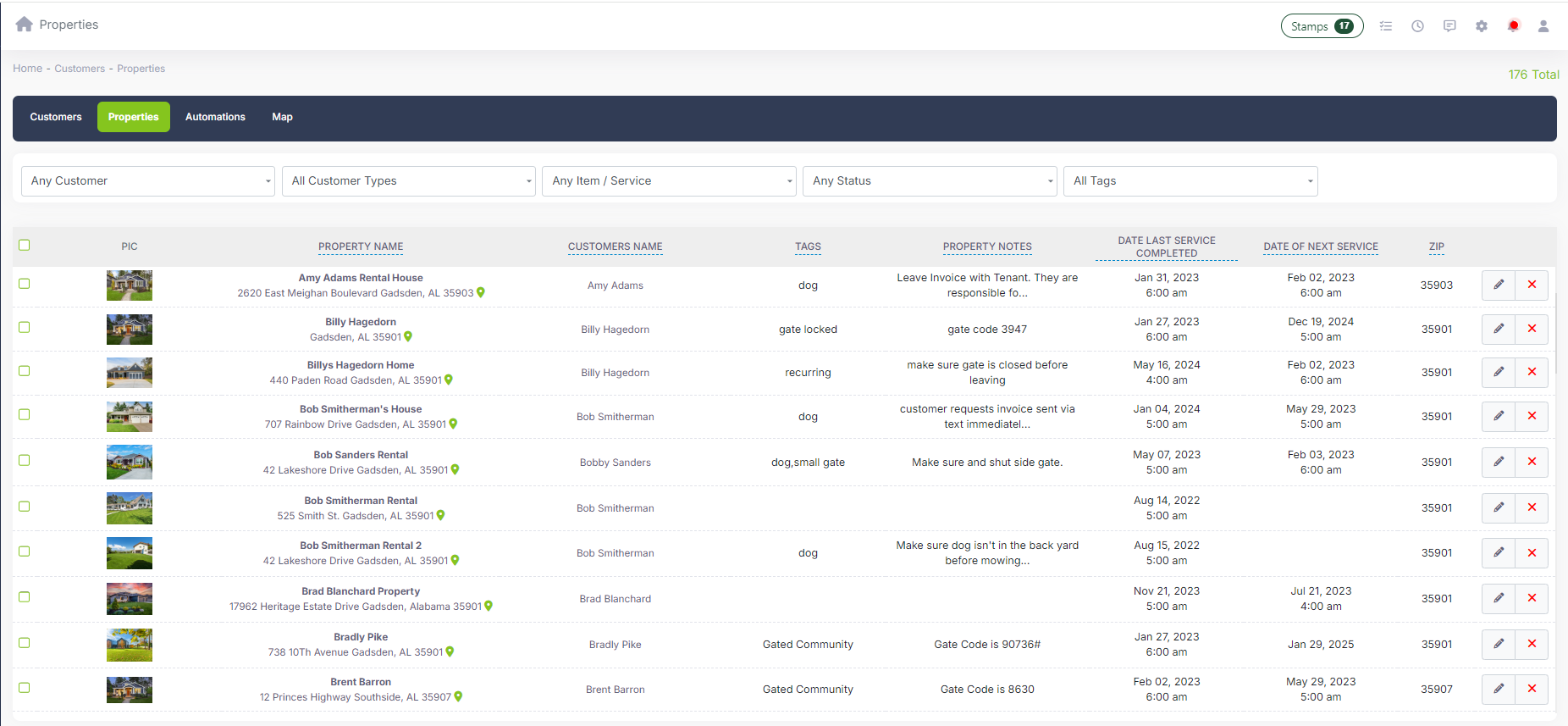 Property management showing multiple service locations