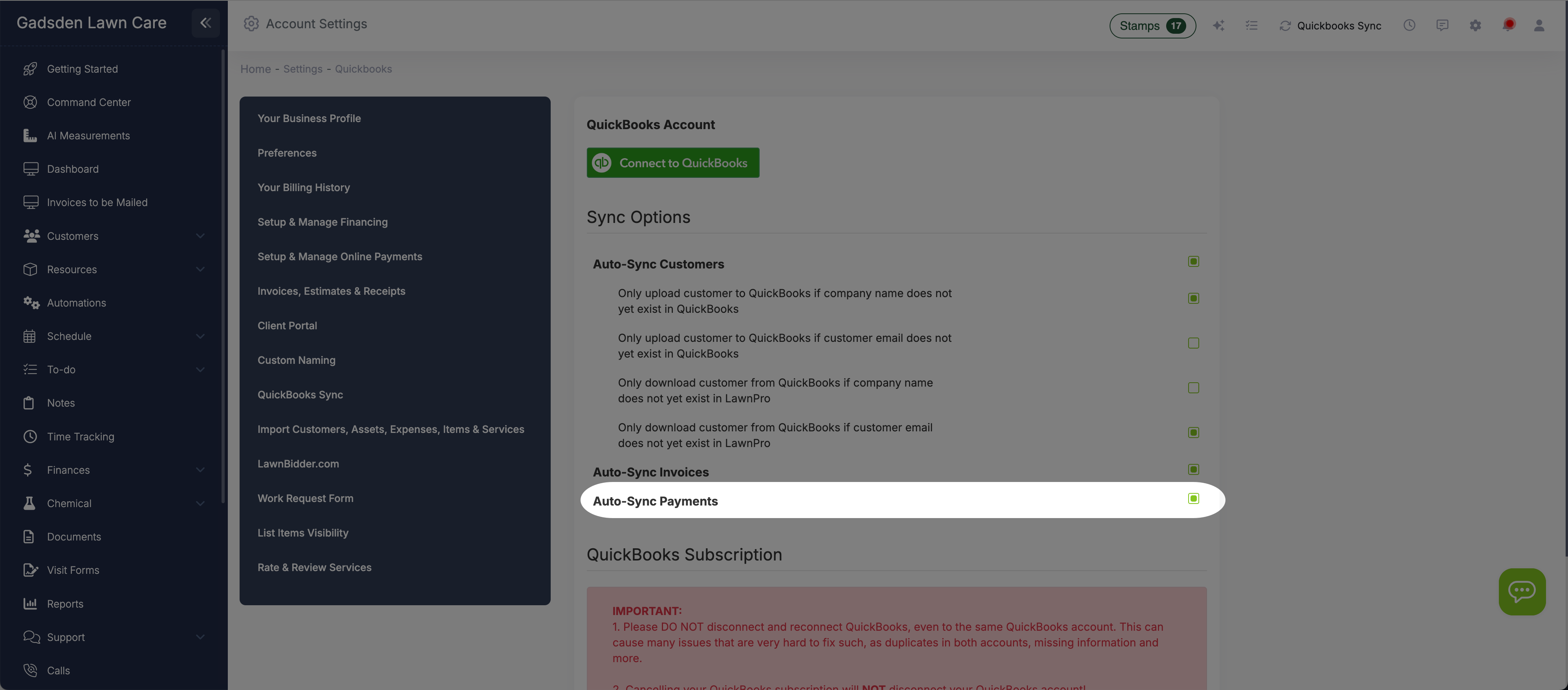 Payment auto-sync showing credit card and ACH payments flowing from LawnPro to QuickBooks Online