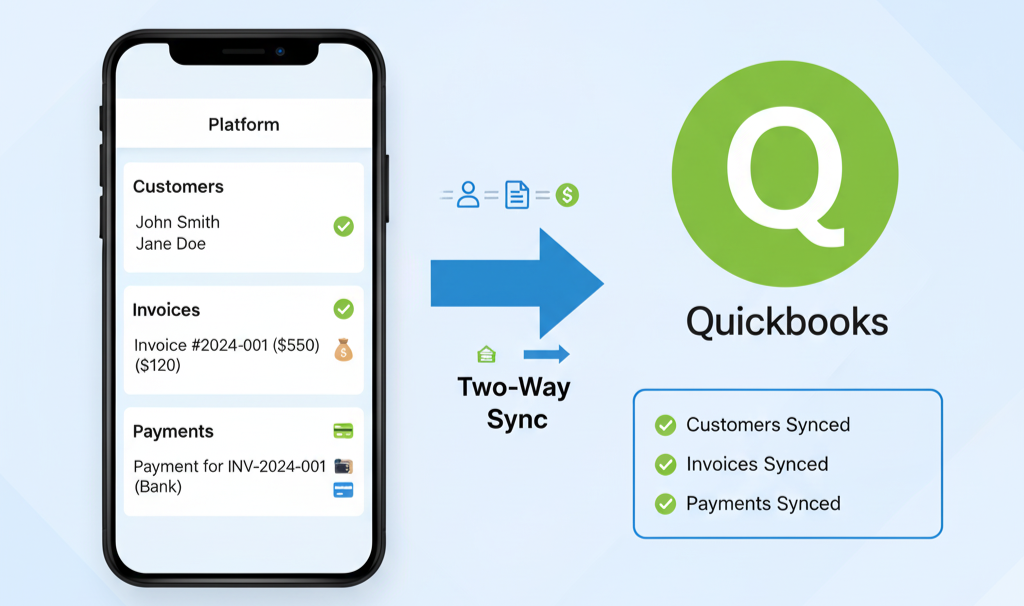 LawnPro QuickBooks Sync settings showing auto-sync toggles for customers, invoices, and payments