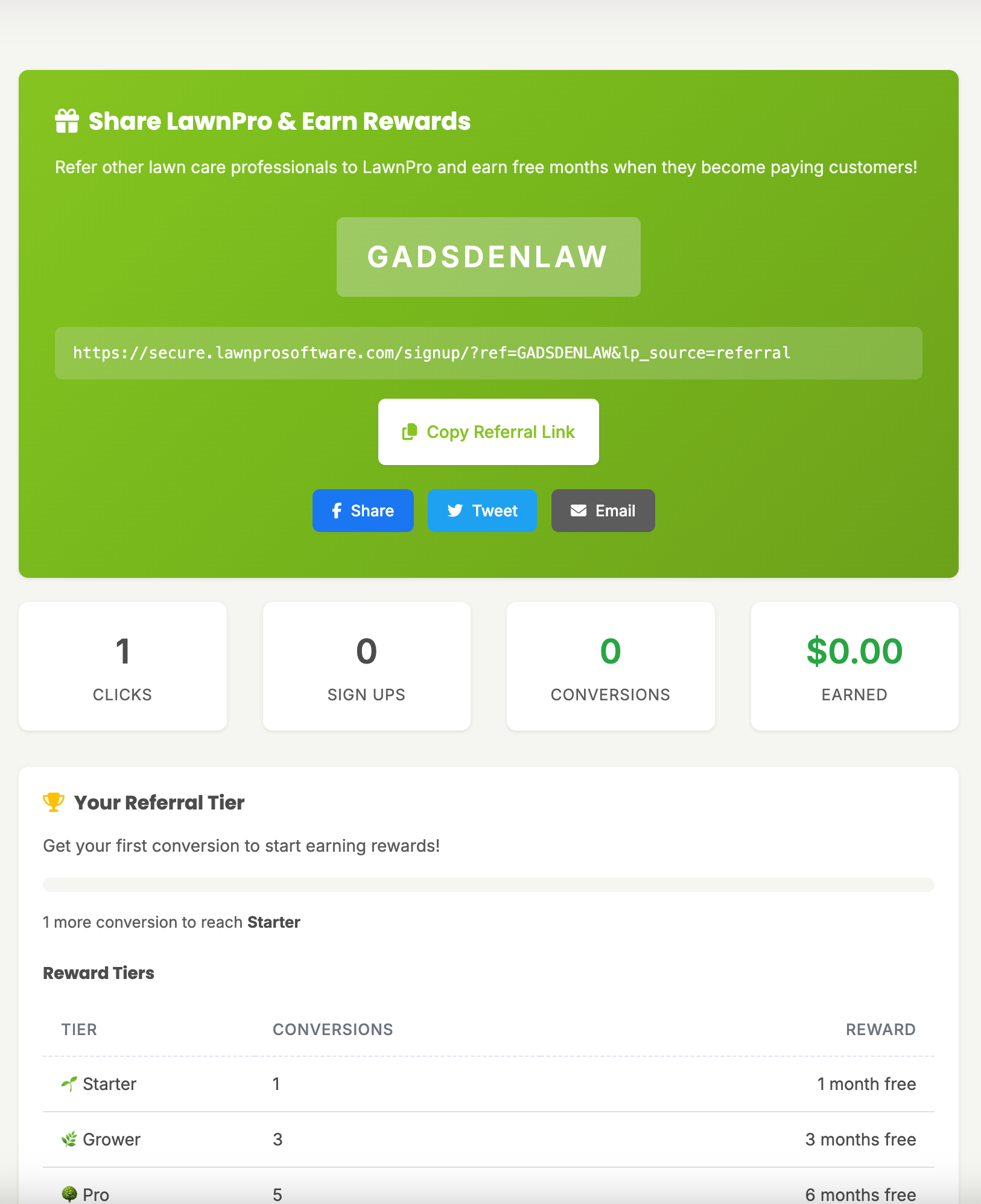 Referral program settings page showing unique referral link and share options