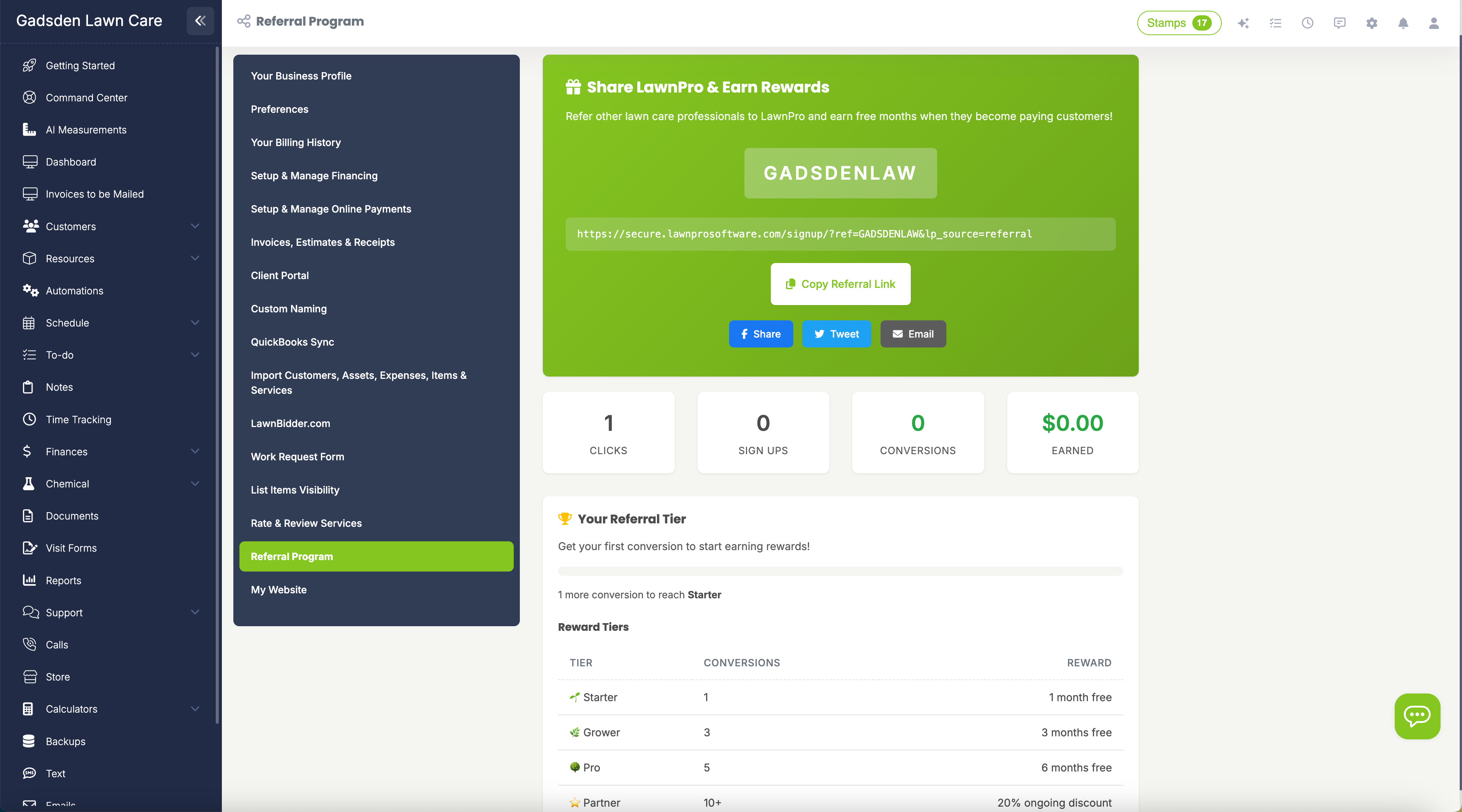 LawnPro Referral Program Dashboard showing referral link, clicks, signups, and earned credits