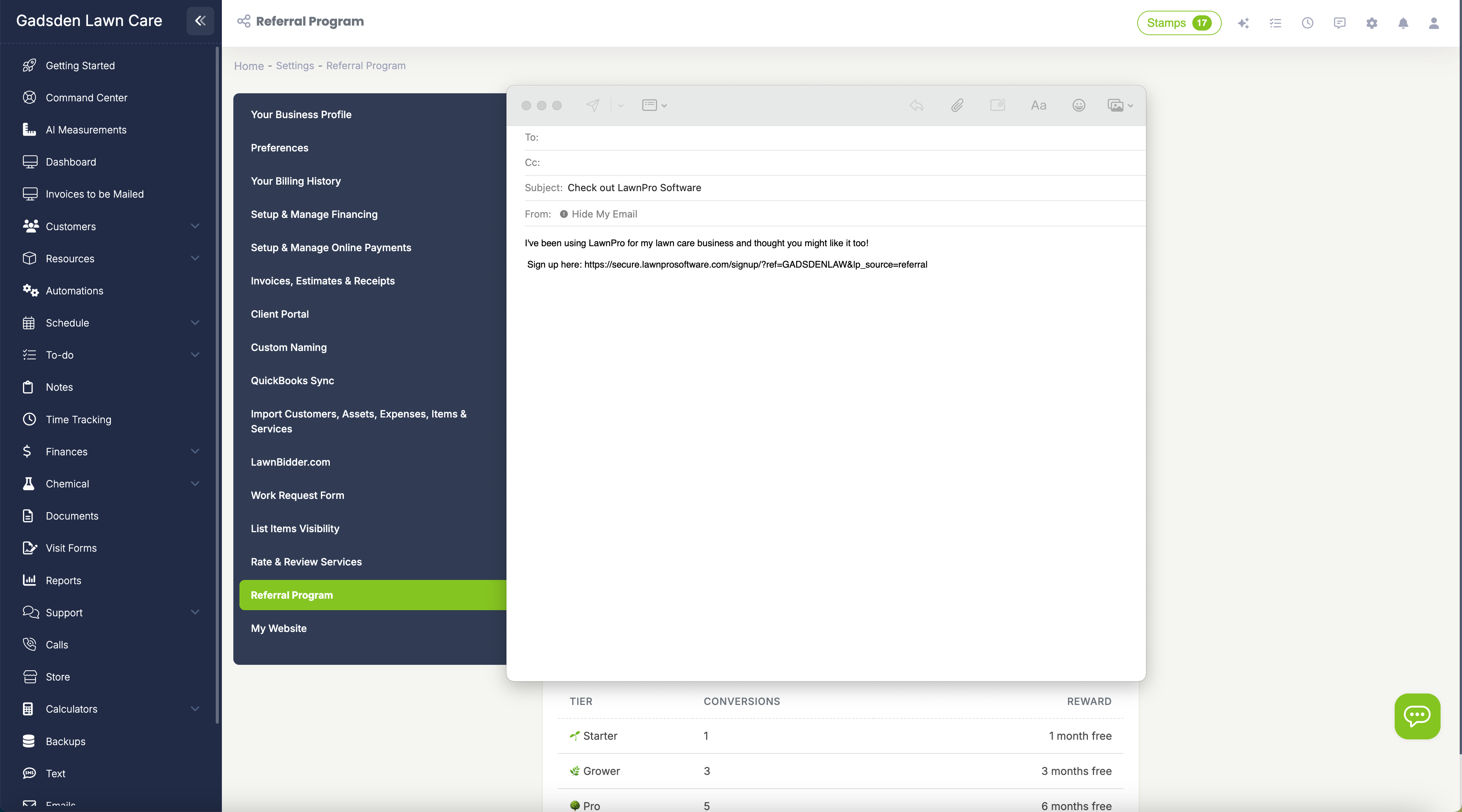 Sharing referral link via text message, email, and social media