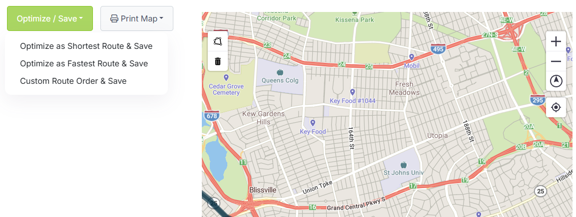 Route optimization options showing shortest, fastest, and custom route modes
