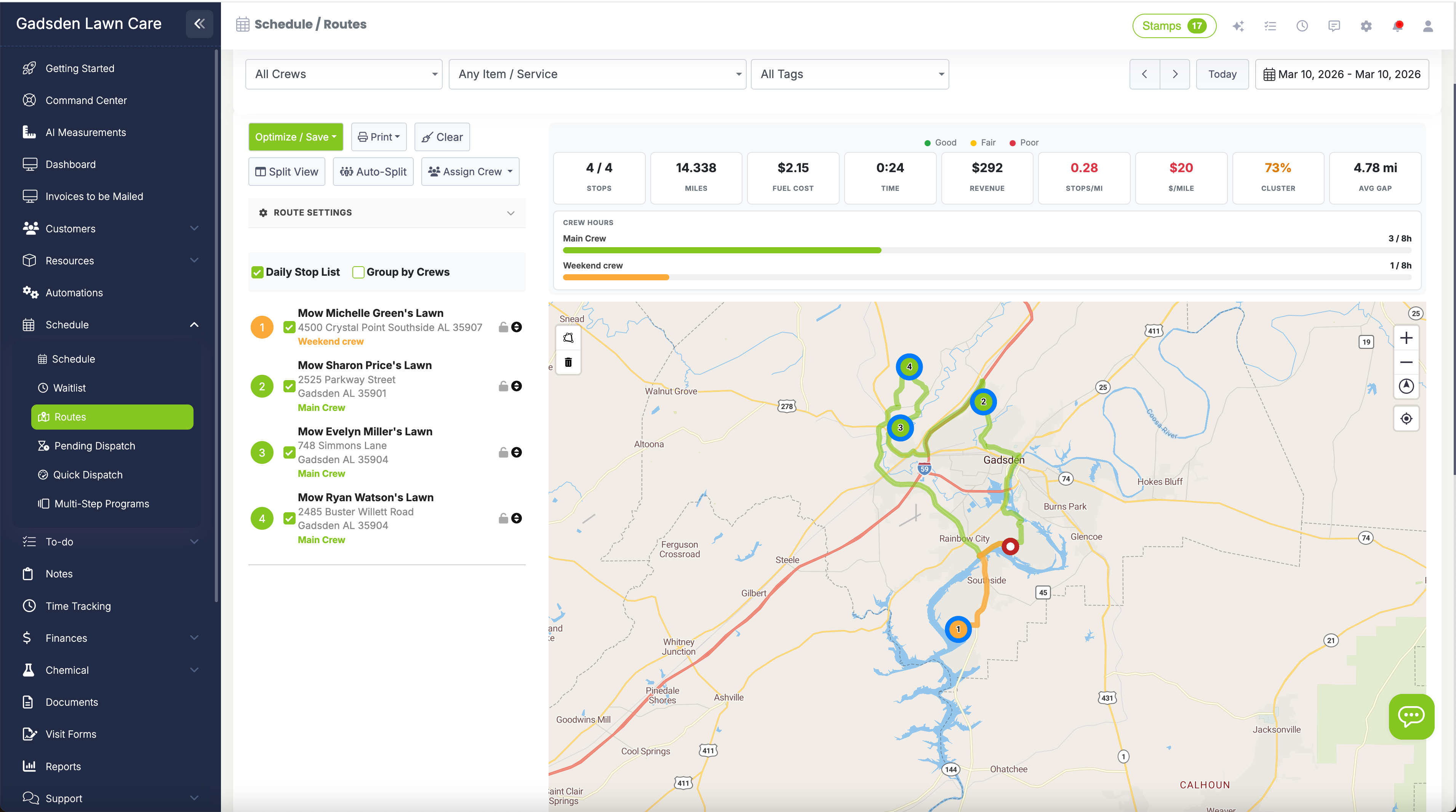 Crew-colored map pins and crew hours tracking panel in LawnPro routing