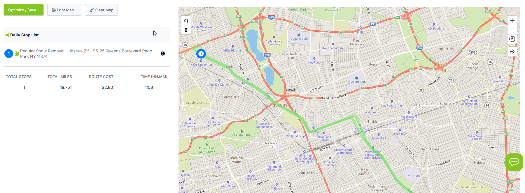 Route map showing daily stops plotted on an interactive Trimble map with crew filtering