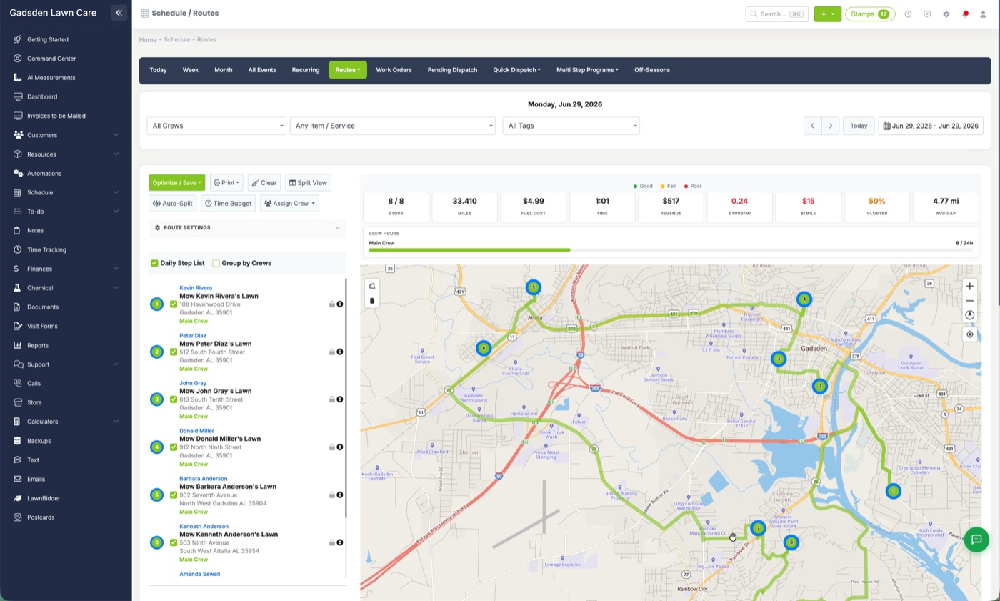 LawnPro route map showing an optimized multi-stop lawn care crew route