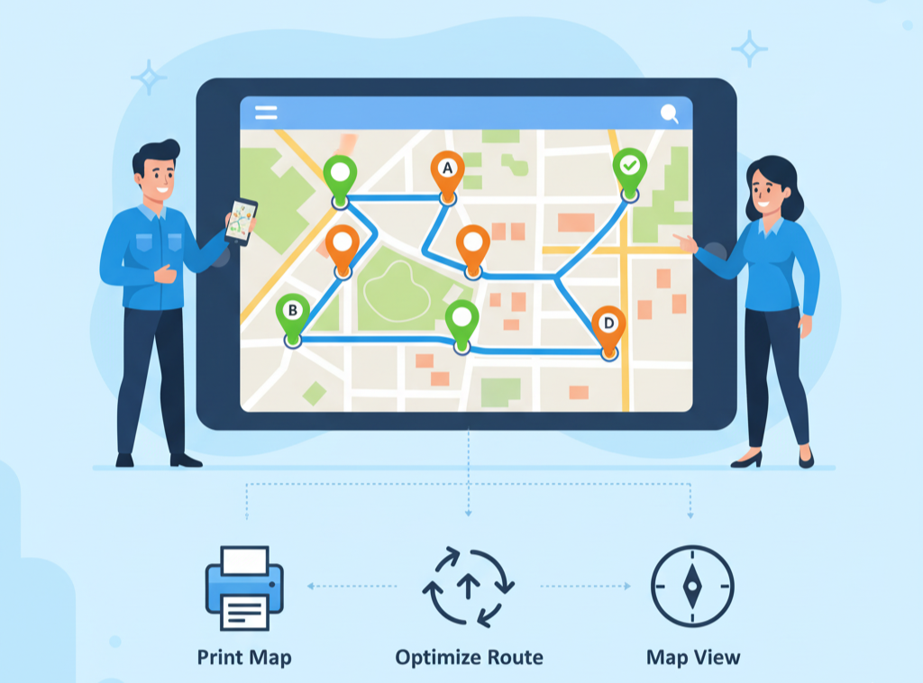 LawnPro route map showing optimized stops with crew-colored pins and Trimble Maps integration