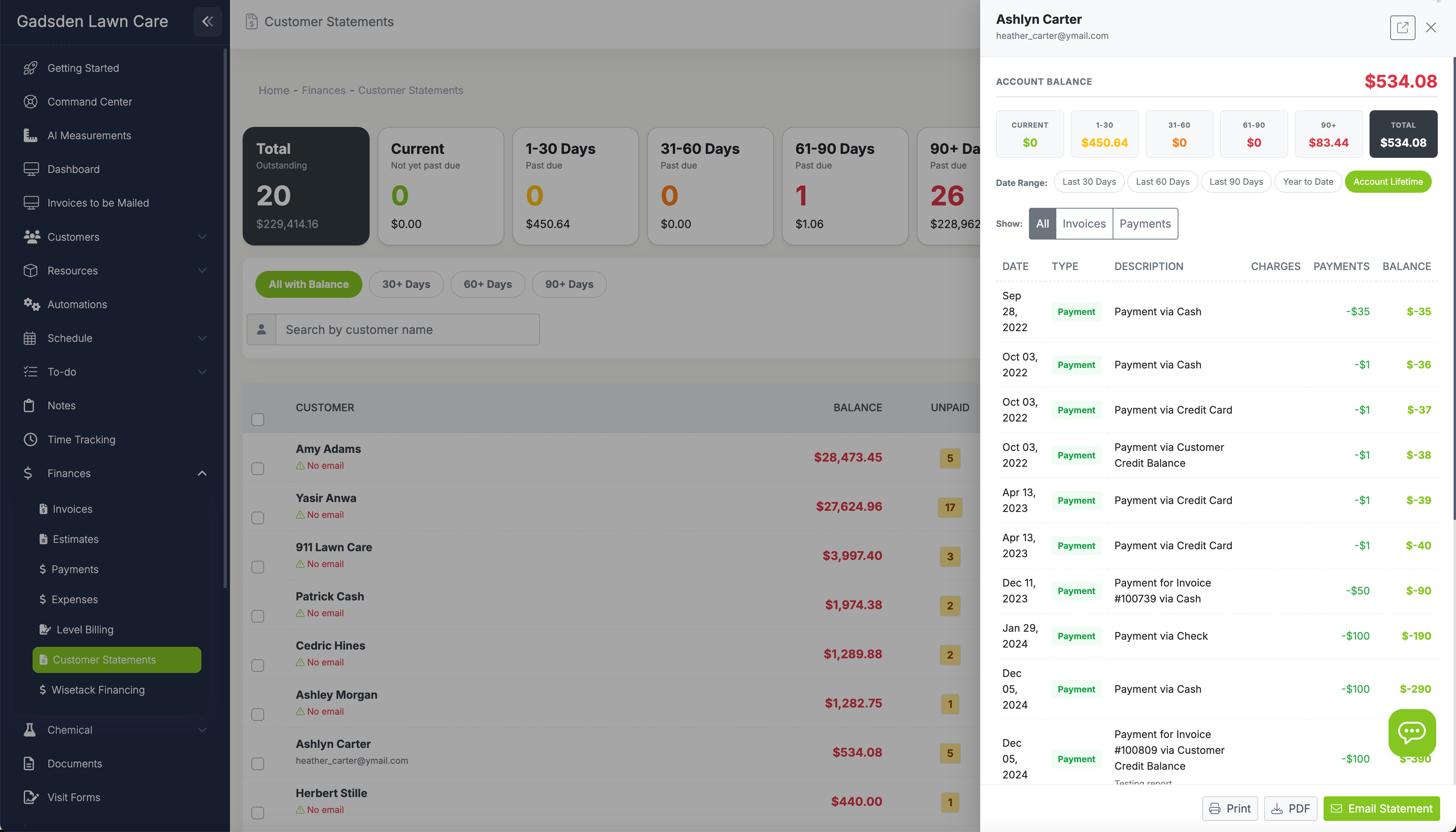 Slide-out statement detail panel showing account balance, aging breakdown, date range presets, and full transaction ledger with running balance