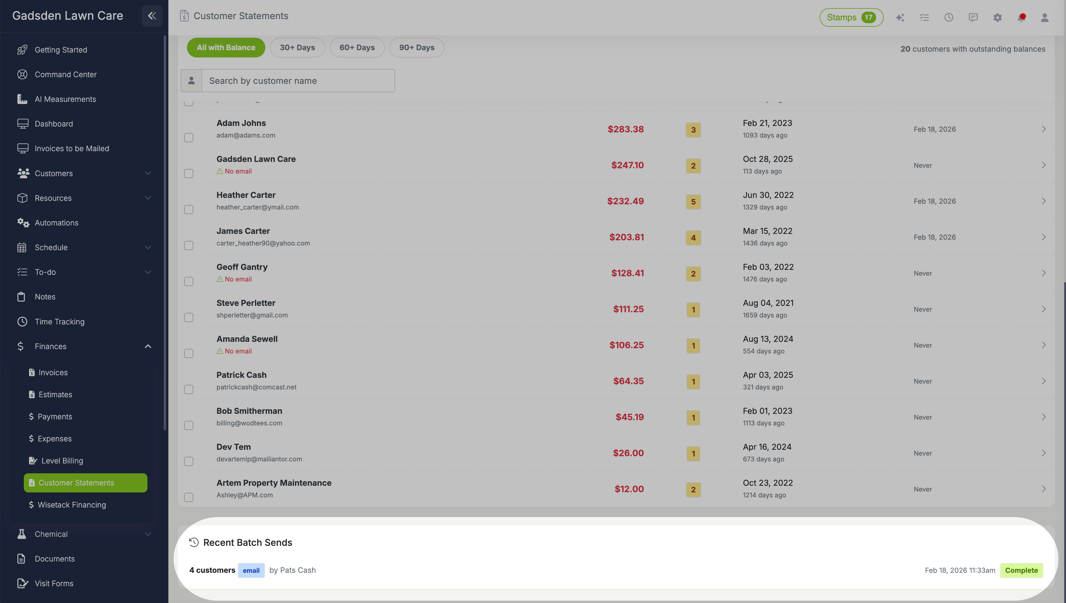 Recent batch sends section showing date, customer count, send method, aging filter used, sent by name, and completion status