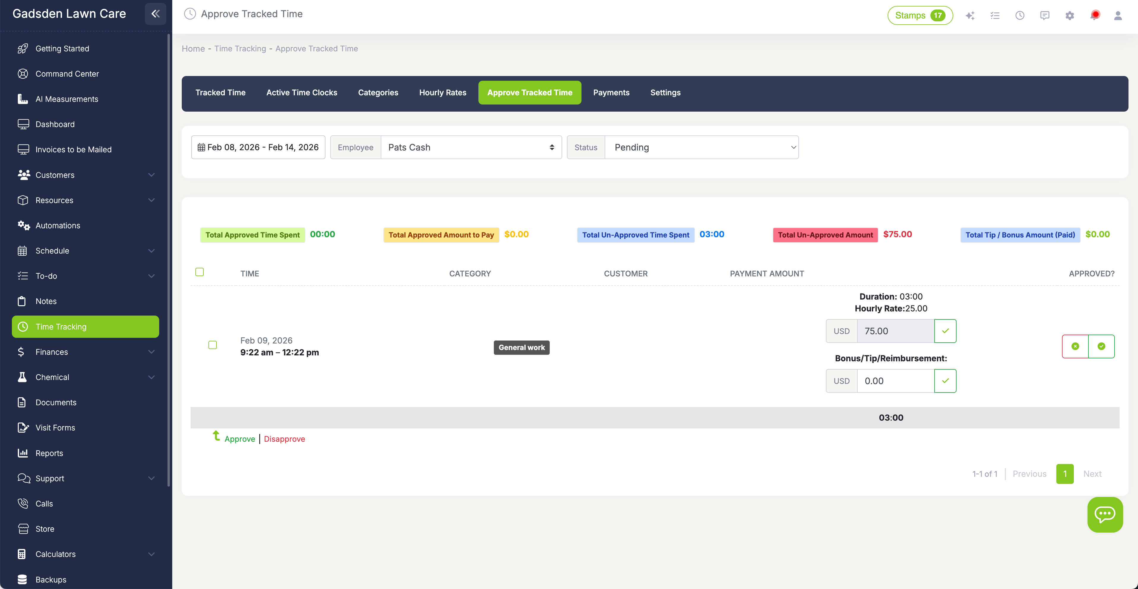 Time tracking approval screen with employee hours, payment amounts, and approve button