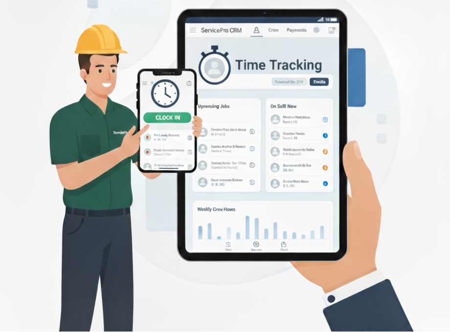 LawnPro time tracking dashboard showing employee hours, GPS clock events, and approval status