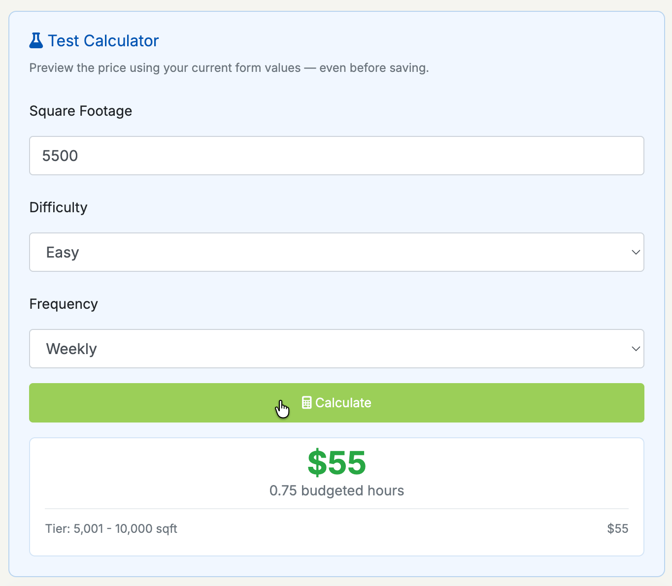 Difficulty and frequency adjustment settings with test calculator showing price breakdown
