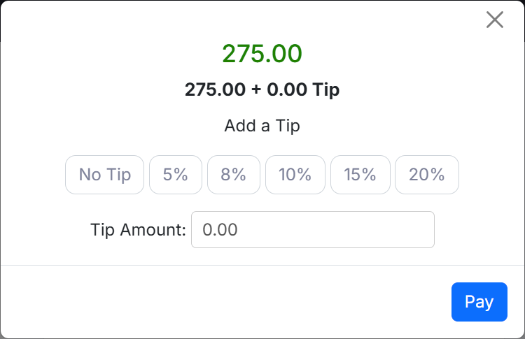 10%, 15%, 20%, and custom tip options
