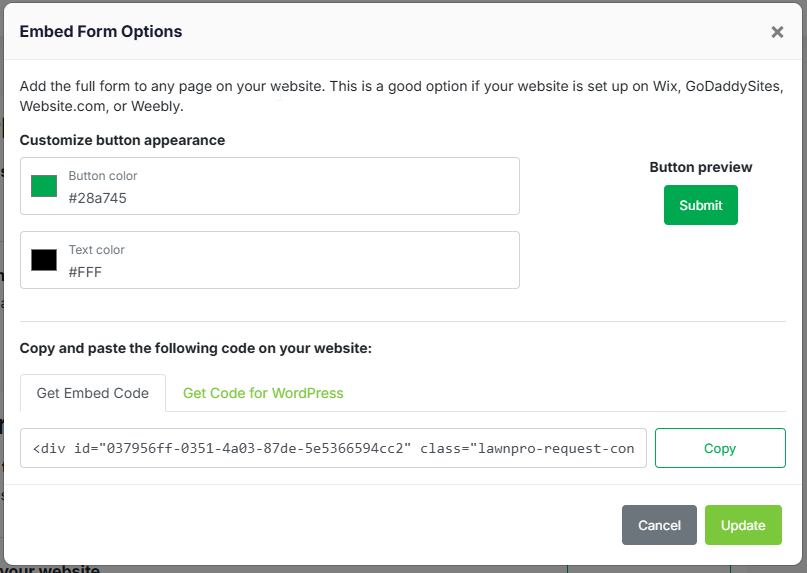 Embedding work request form on website